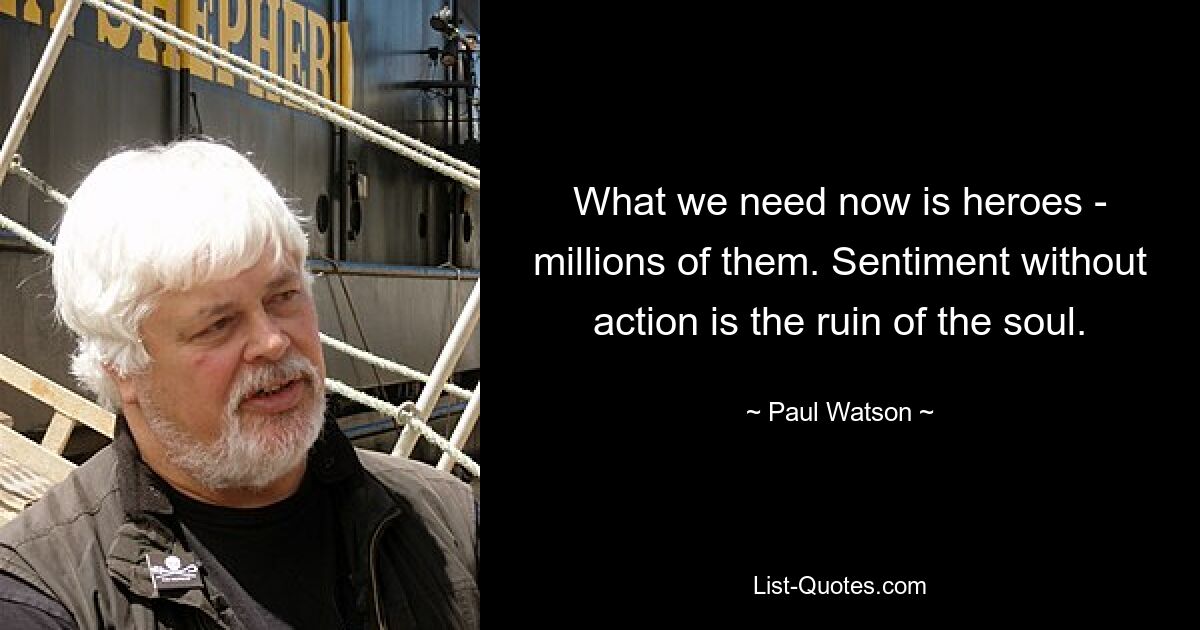 What we need now is heroes - millions of them. Sentiment without action is the ruin of the soul. — © Paul Watson