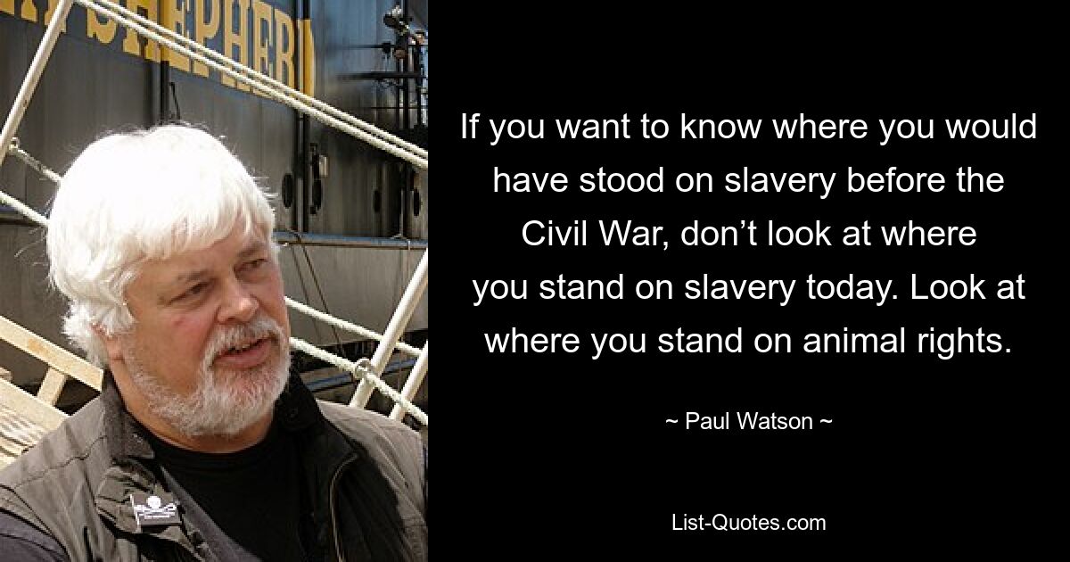 If you want to know where you would have stood on slavery before the Civil War, don’t look at where you stand on slavery today. Look at where you stand on animal rights. — © Paul Watson