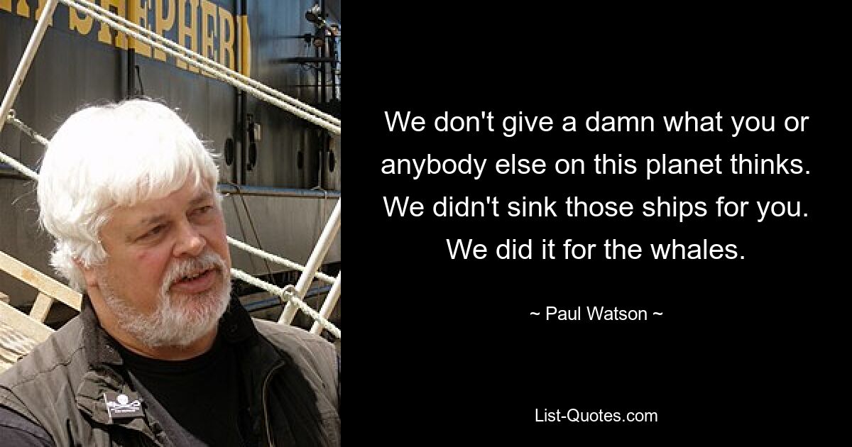 We don't give a damn what you or anybody else on this planet thinks. We didn't sink those ships for you. We did it for the whales. — © Paul Watson