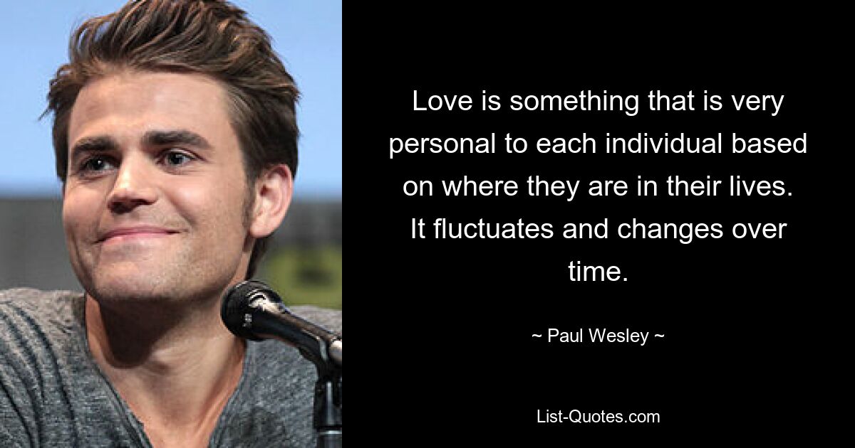 Love is something that is very personal to each individual based on where they are in their lives. It fluctuates and changes over time. — © Paul Wesley