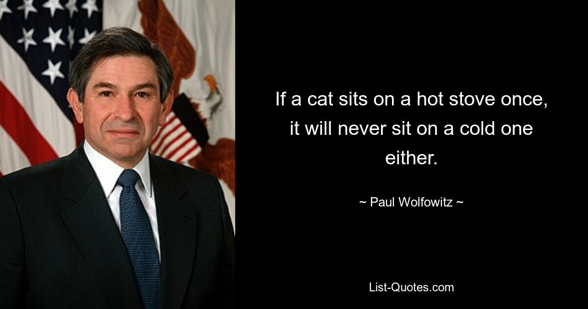 If a cat sits on a hot stove once, it will never sit on a cold one either. — © Paul Wolfowitz