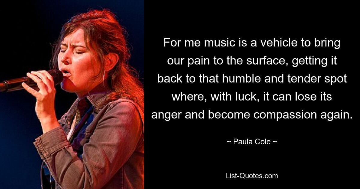 For me music is a vehicle to bring our pain to the surface, getting it back to that humble and tender spot where, with luck, it can lose its anger and become compassion again. — © Paula Cole