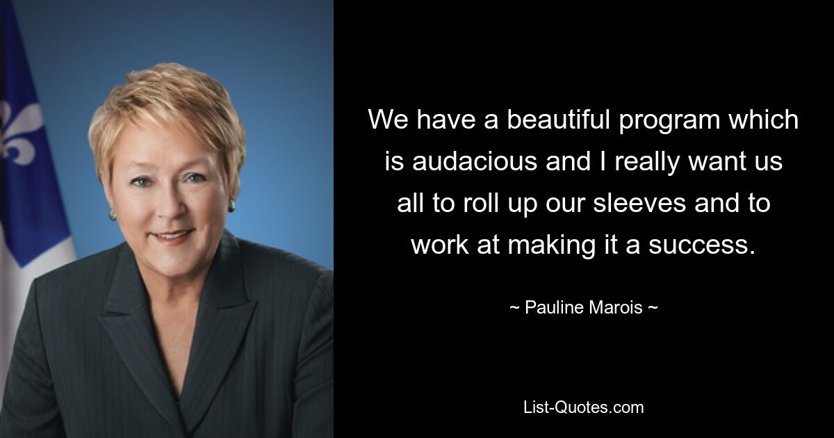 We have a beautiful program which is audacious and I really want us all to roll up our sleeves and to work at making it a success. — © Pauline Marois