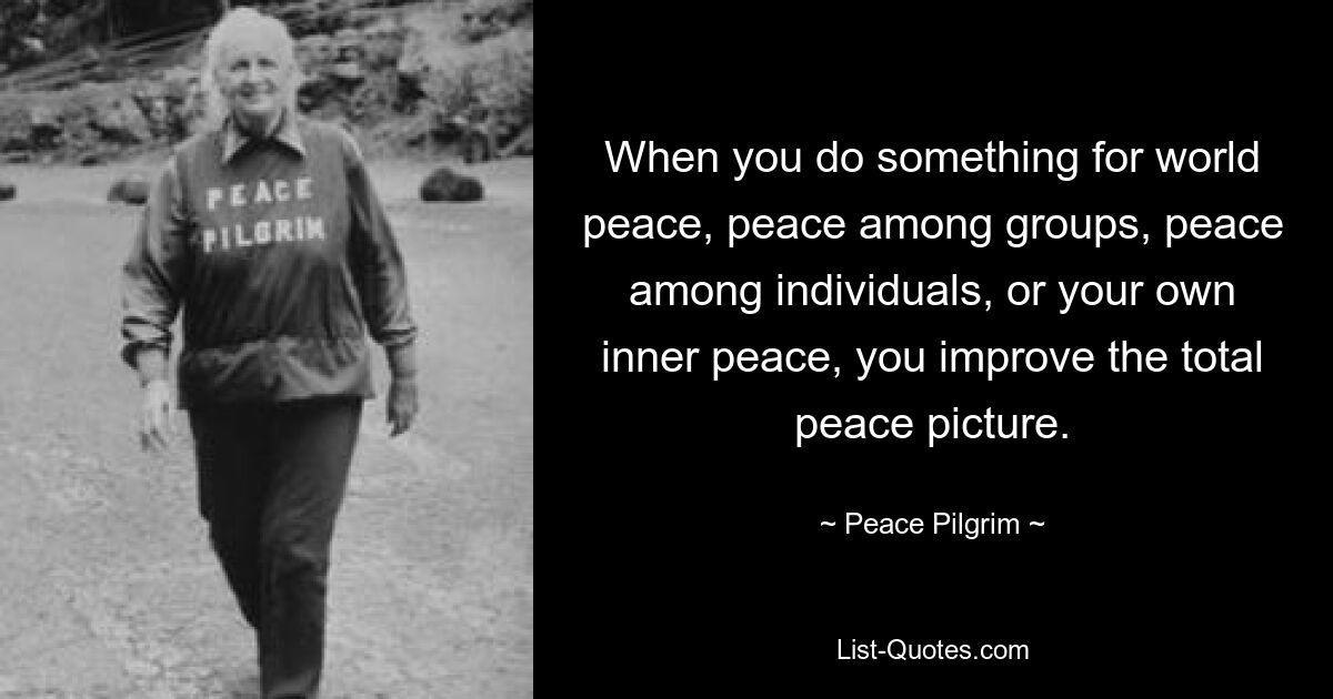 When you do something for world peace, peace among groups, peace among individuals, or your own inner peace, you improve the total peace picture. — © Peace Pilgrim