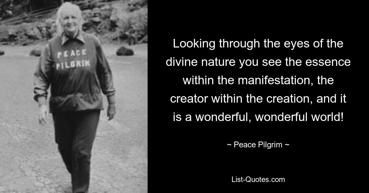 Looking through the eyes of the divine nature you see the essence within the manifestation, the creator within the creation, and it is a wonderful, wonderful world! — © Peace Pilgrim