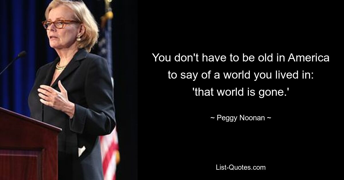 You don't have to be old in America to say of a world you lived in: 'that world is gone.' — © Peggy Noonan