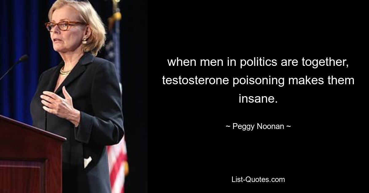 when men in politics are together, testosterone poisoning makes them insane. — © Peggy Noonan