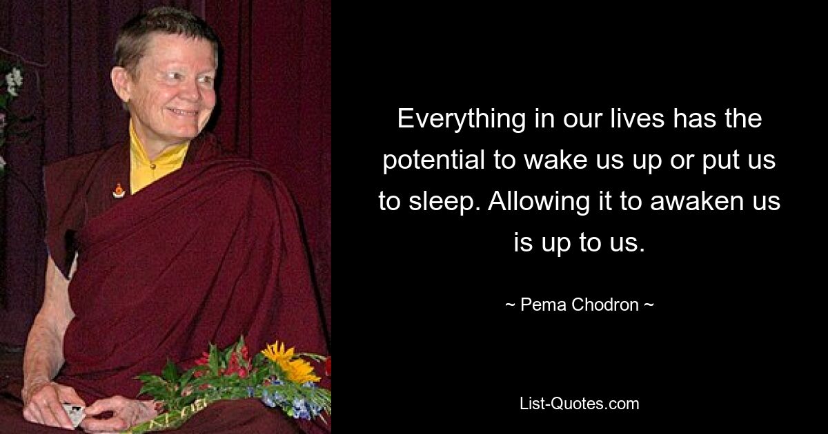 Everything in our lives has the potential to wake us up or put us to sleep. Allowing it to awaken us is up to us. — © Pema Chodron