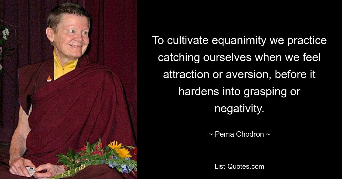 To cultivate equanimity we practice catching ourselves when we feel attraction or aversion, before it hardens into grasping or negativity. — © Pema Chodron