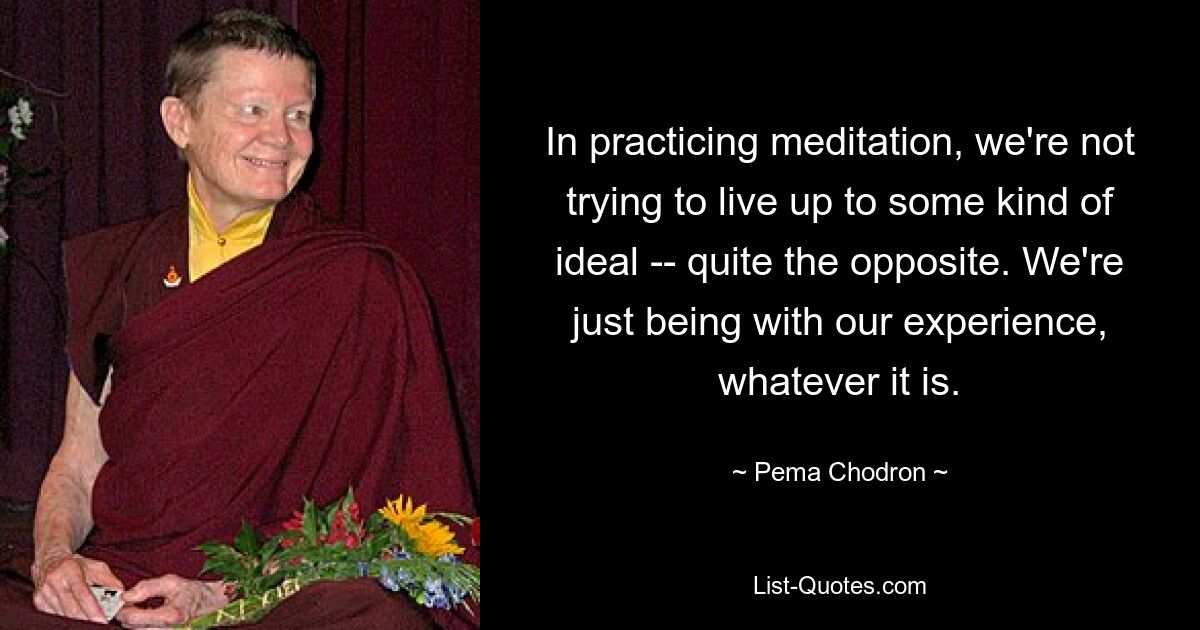 In practicing meditation, we're not trying to live up to some kind of ideal -- quite the opposite. We're just being with our experience, whatever it is. — © Pema Chodron