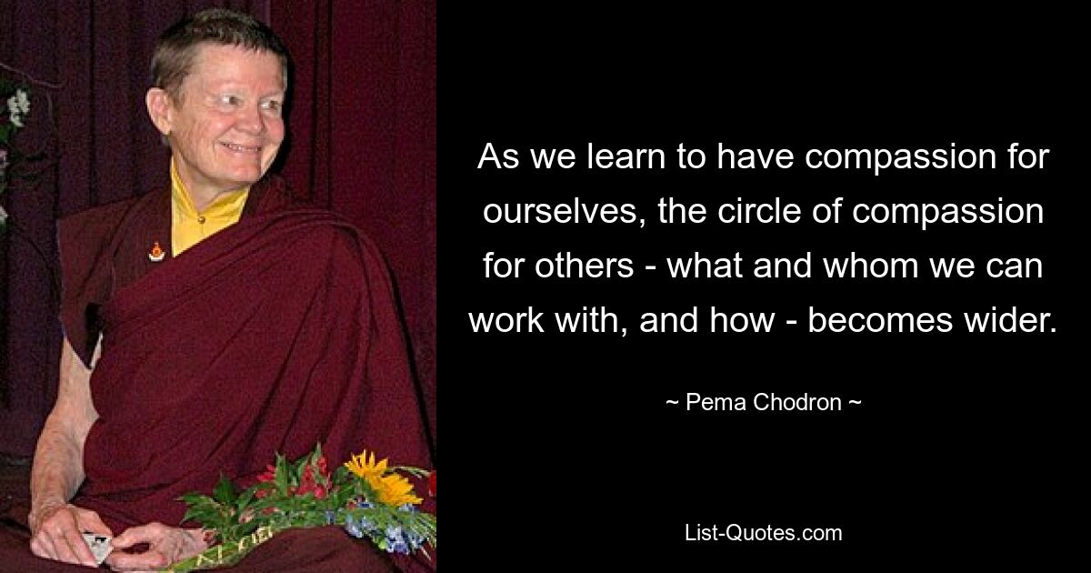 As we learn to have compassion for ourselves, the circle of compassion for others - what and whom we can work with, and how - becomes wider. — © Pema Chodron