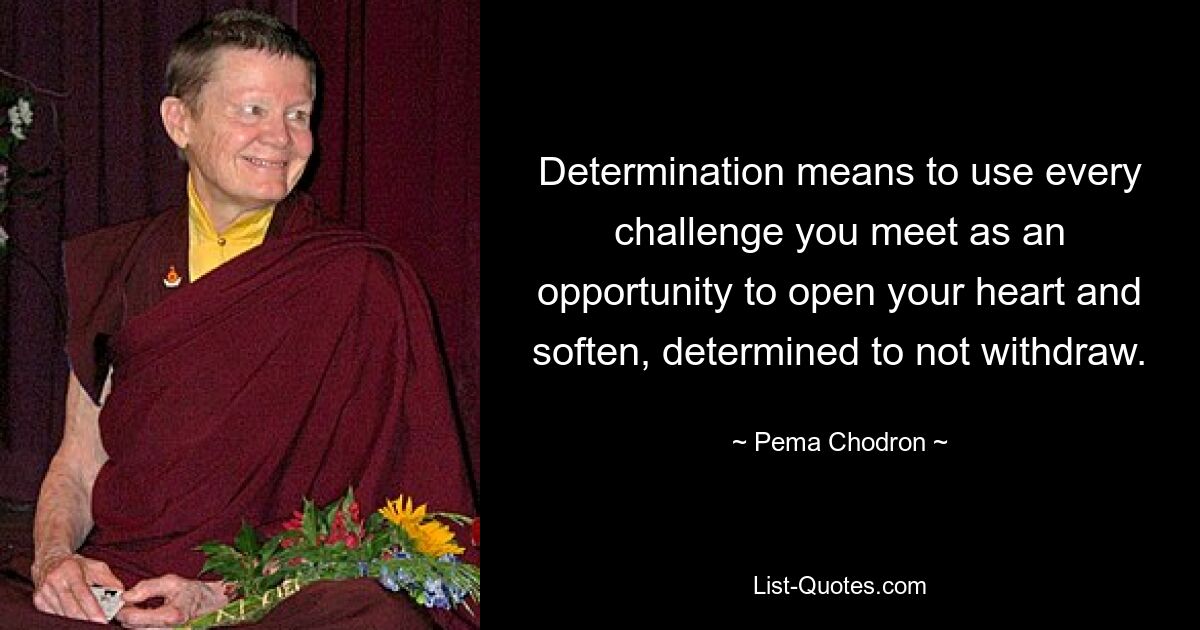 Determination means to use every challenge you meet as an opportunity to open your heart and soften, determined to not withdraw. — © Pema Chodron