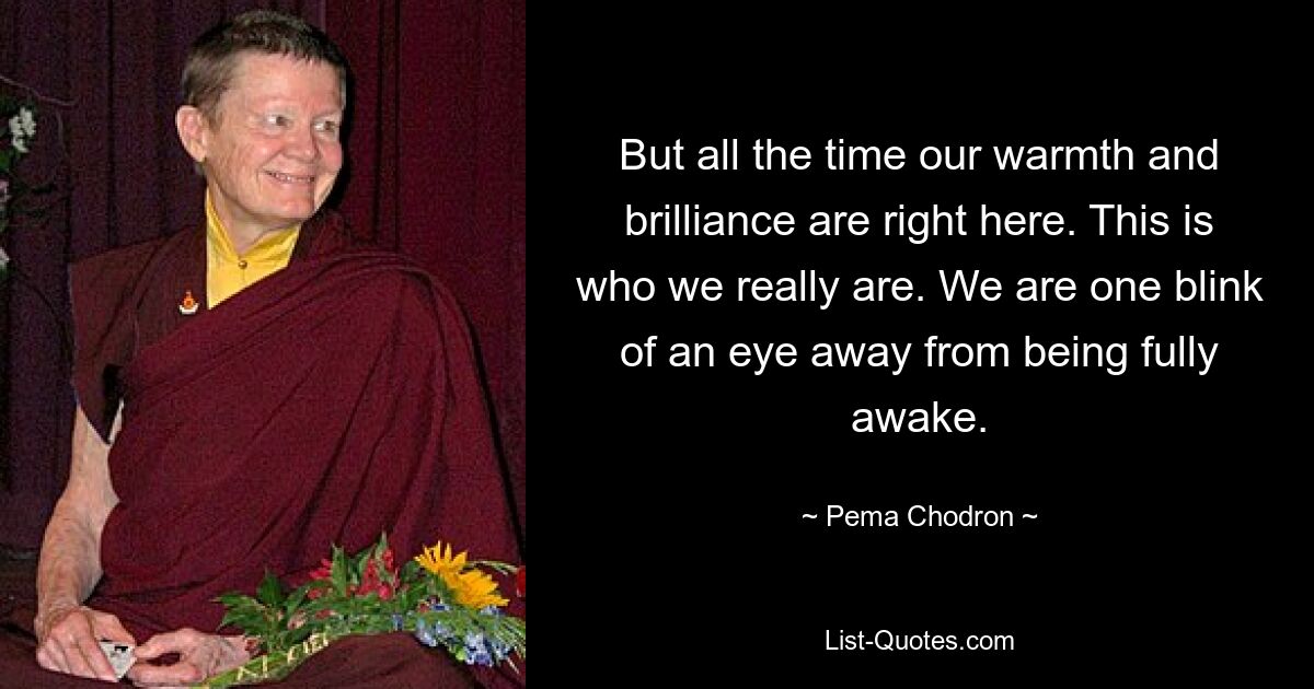 But all the time our warmth and brilliance are right here. This is who we really are. We are one blink of an eye away from being fully awake. — © Pema Chodron