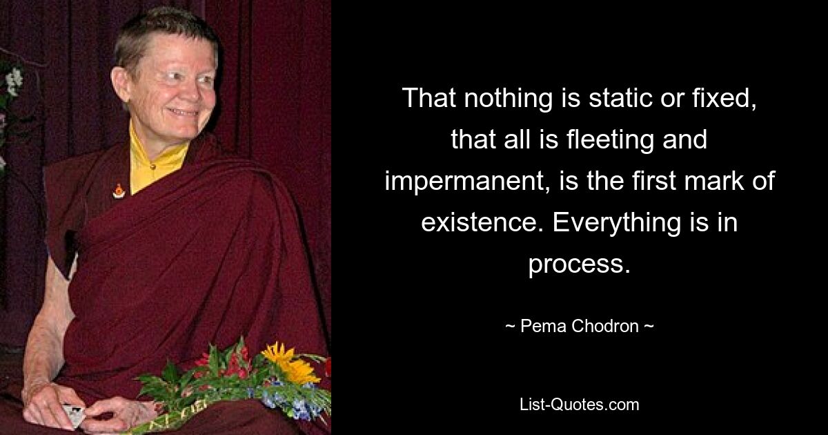 That nothing is static or fixed, that all is fleeting and impermanent, is the first mark of existence. Everything is in process. — © Pema Chodron