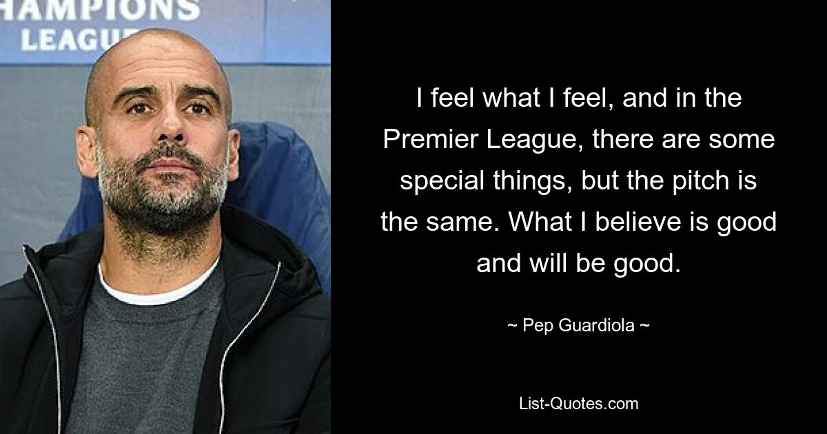 I feel what I feel, and in the Premier League, there are some special things, but the pitch is the same. What I believe is good and will be good. — © Pep Guardiola