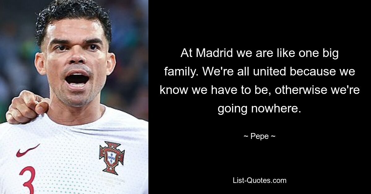 At Madrid we are like one big family. We're all united because we know we have to be, otherwise we're going nowhere. — © Pepe