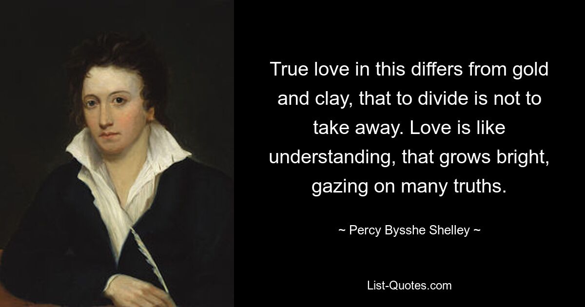 True love in this differs from gold and clay, that to divide is not to take away. Love is like understanding, that grows bright, gazing on many truths. — © Percy Bysshe Shelley