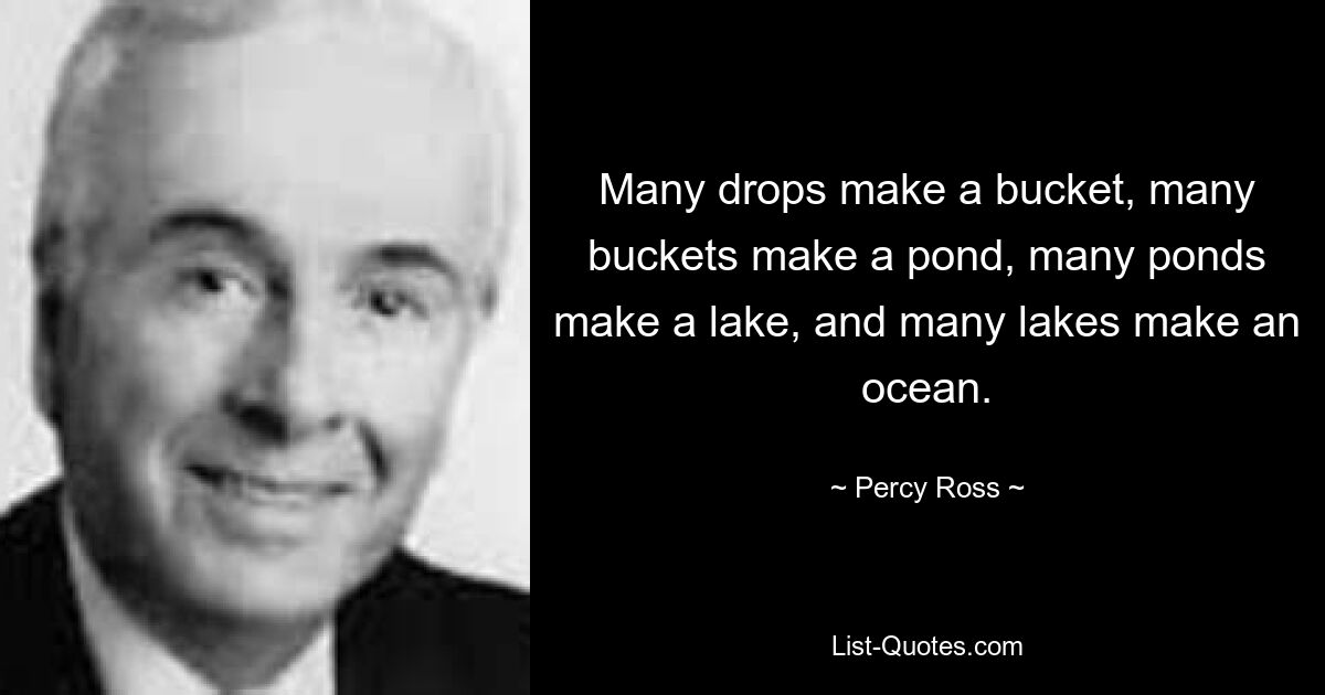 Many drops make a bucket, many buckets make a pond, many ponds make a lake, and many lakes make an ocean. — © Percy Ross