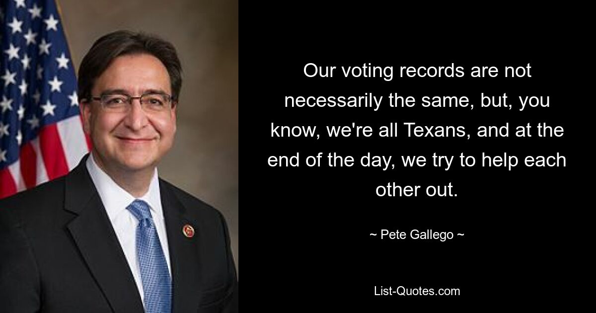 Our voting records are not necessarily the same, but, you know, we're all Texans, and at the end of the day, we try to help each other out. — © Pete Gallego