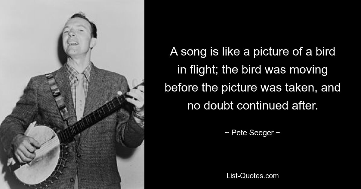 A song is like a picture of a bird in flight; the bird was moving before the picture was taken, and no doubt continued after. — © Pete Seeger