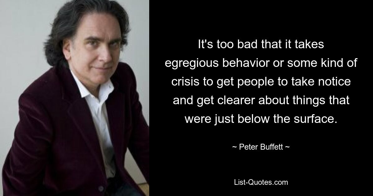 It's too bad that it takes egregious behavior or some kind of crisis to get people to take notice and get clearer about things that were just below the surface. — © Peter Buffett