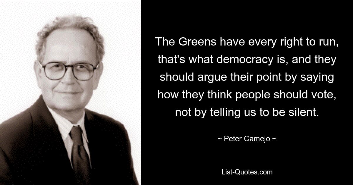 The Greens have every right to run, that's what democracy is, and they should argue their point by saying how they think people should vote, not by telling us to be silent. — © Peter Camejo