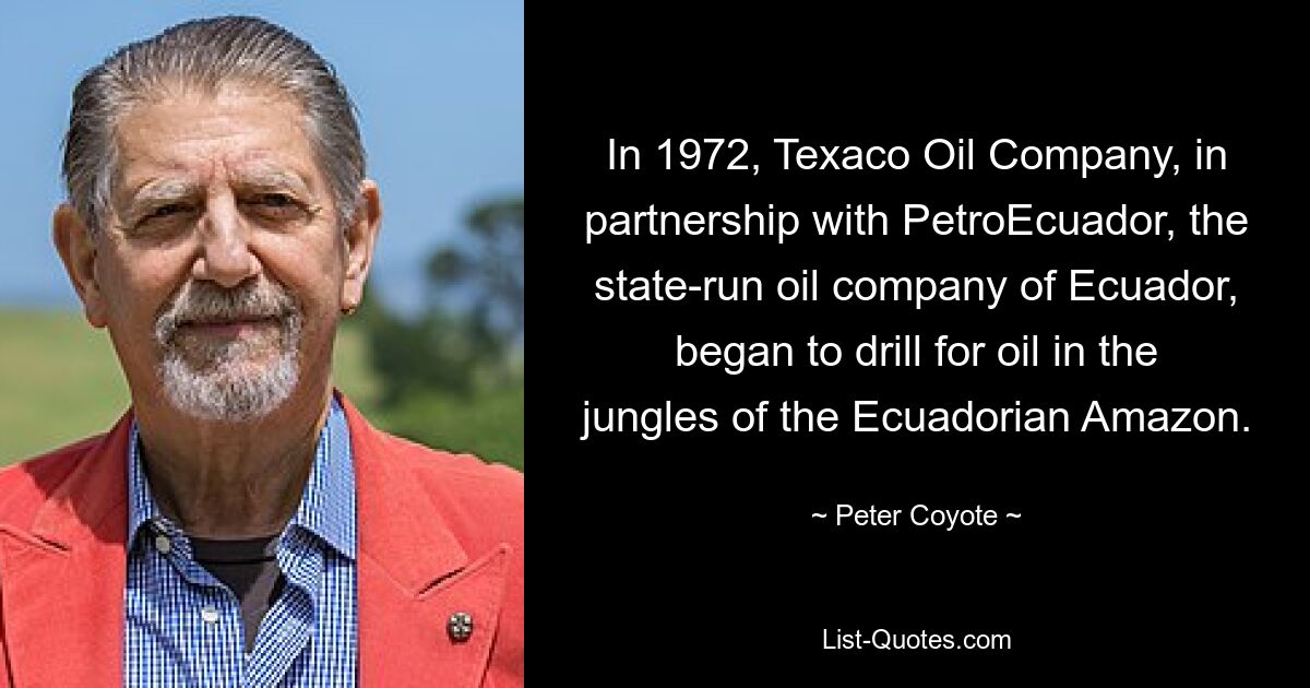 In 1972, Texaco Oil Company, in partnership with PetroEcuador, the state-run oil company of Ecuador, began to drill for oil in the jungles of the Ecuadorian Amazon. — © Peter Coyote