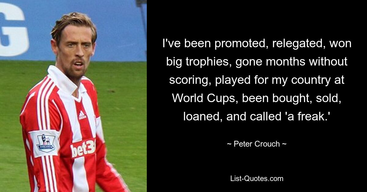 I've been promoted, relegated, won big trophies, gone months without scoring, played for my country at World Cups, been bought, sold, loaned, and called 'a freak.' — © Peter Crouch