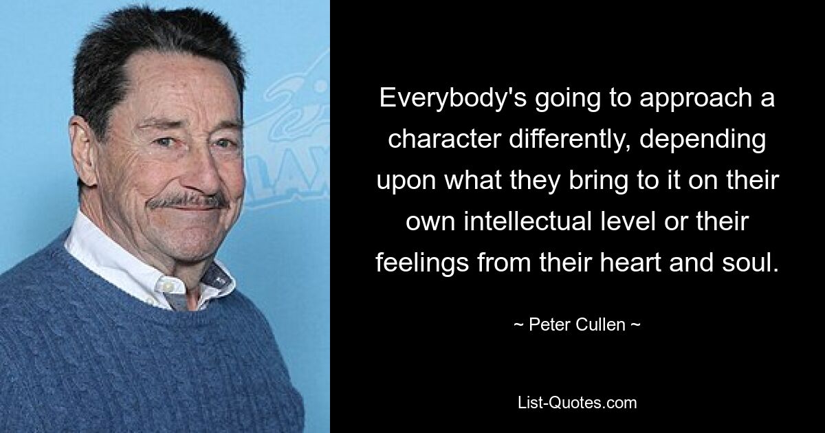 Everybody's going to approach a character differently, depending upon what they bring to it on their own intellectual level or their feelings from their heart and soul. — © Peter Cullen