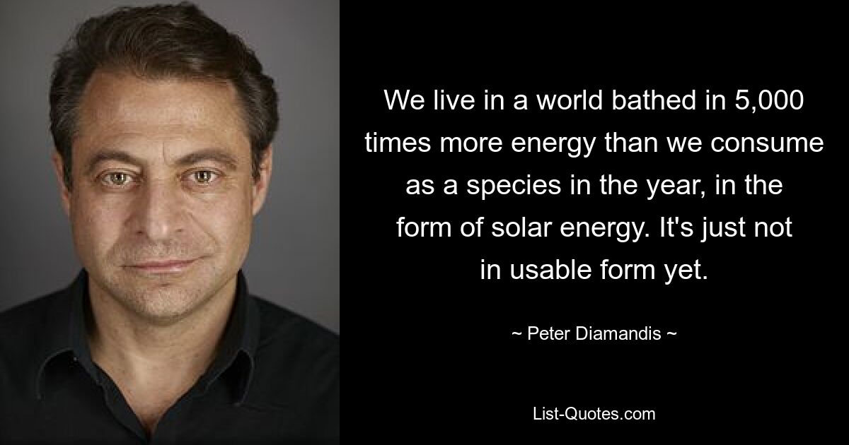 We live in a world bathed in 5,000 times more energy than we consume as a species in the year, in the form of solar energy. It's just not in usable form yet. — © Peter Diamandis