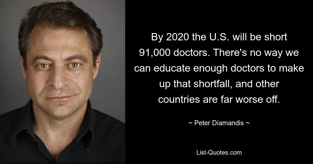 By 2020 the U.S. will be short 91,000 doctors. There's no way we can educate enough doctors to make up that shortfall, and other countries are far worse off. — © Peter Diamandis