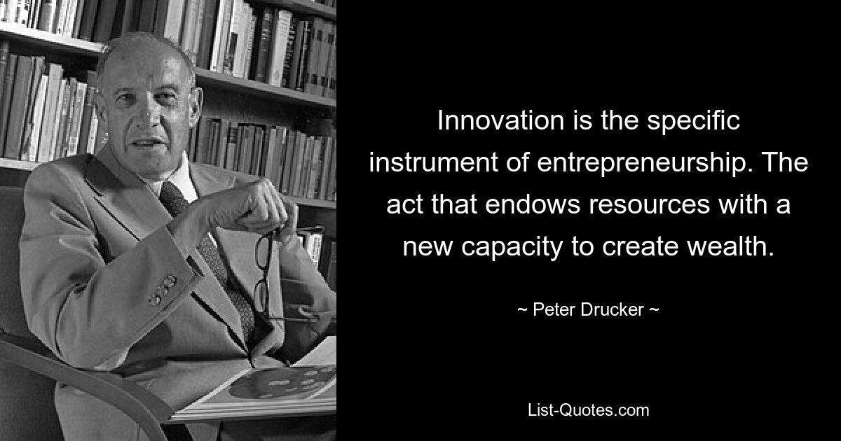 Innovation is the specific instrument of entrepreneurship. The act that endows resources with a new capacity to create wealth. — © Peter Drucker