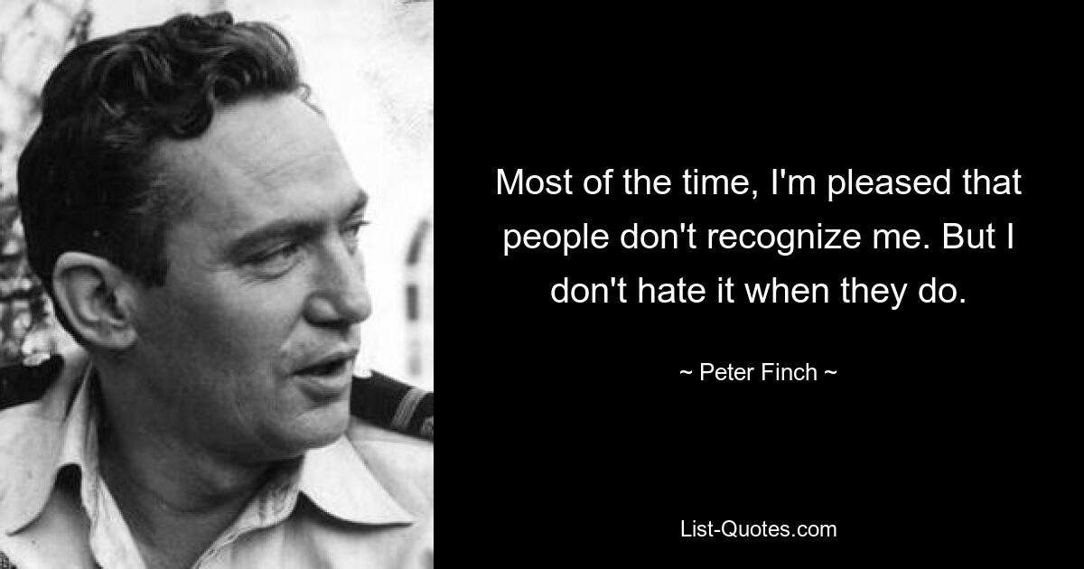 Most of the time, I'm pleased that people don't recognize me. But I don't hate it when they do. — © Peter Finch