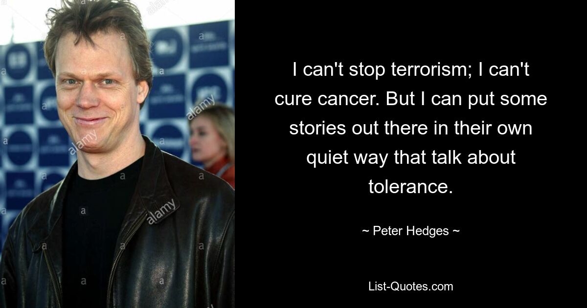 I can't stop terrorism; I can't cure cancer. But I can put some stories out there in their own quiet way that talk about tolerance. — © Peter Hedges