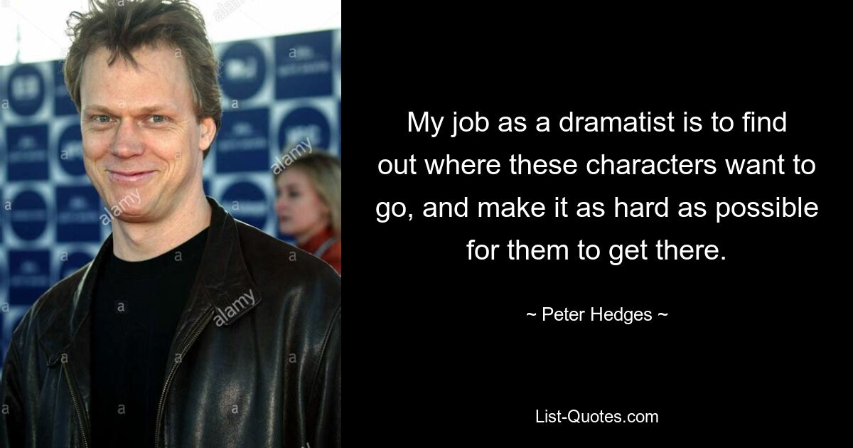 My job as a dramatist is to find out where these characters want to go, and make it as hard as possible for them to get there. — © Peter Hedges