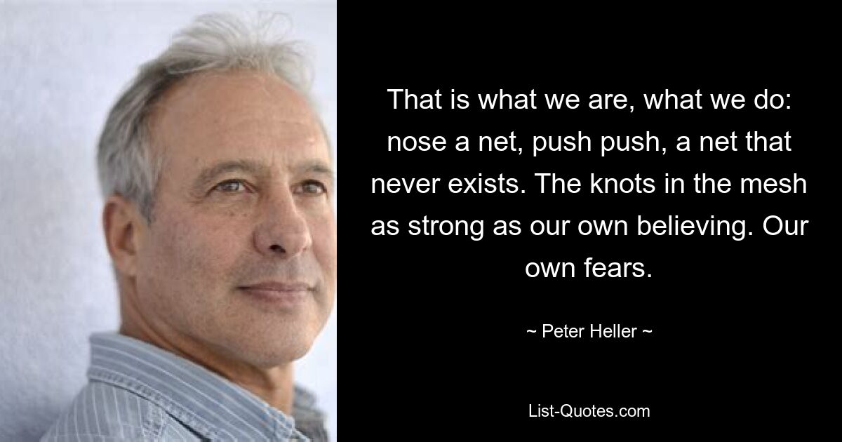 That is what we are, what we do: nose a net, push push, a net that never exists. The knots in the mesh as strong as our own believing. Our own fears. — © Peter Heller