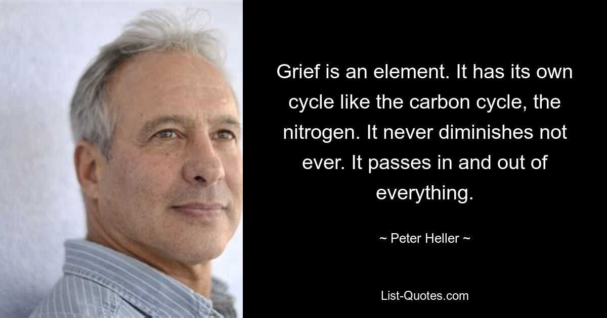 Grief is an element. It has its own cycle like the carbon cycle, the nitrogen. It never diminishes not ever. It passes in and out of everything. — © Peter Heller