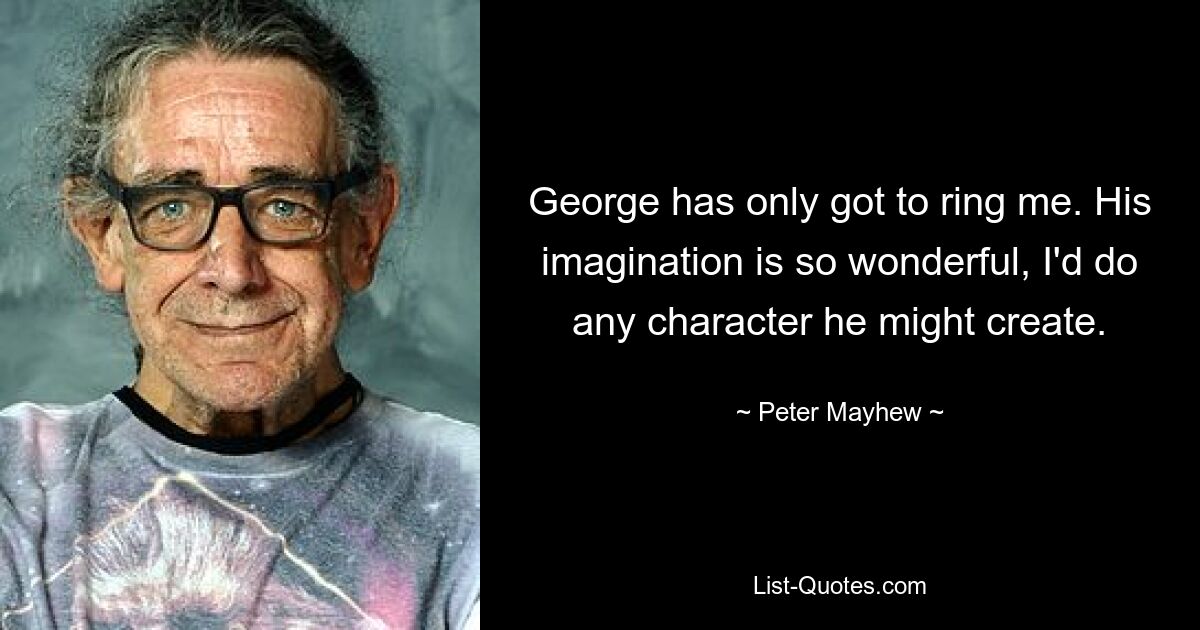 George has only got to ring me. His imagination is so wonderful, I'd do any character he might create. — © Peter Mayhew