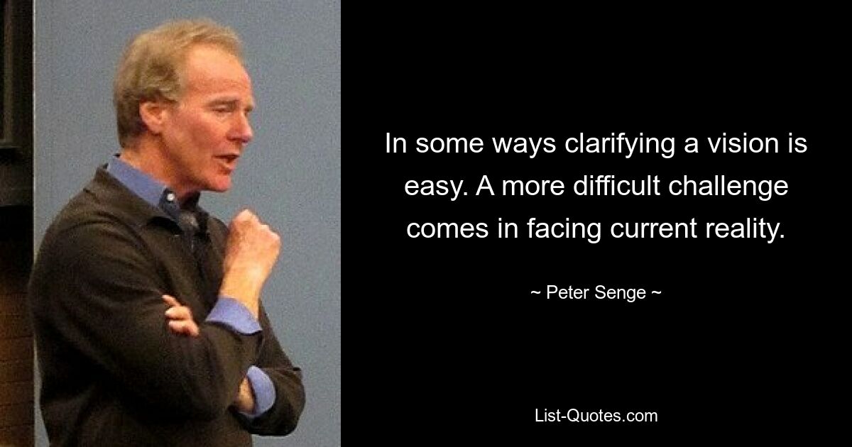 In some ways clarifying a vision is easy. A more difficult challenge comes in facing current reality. — © Peter Senge