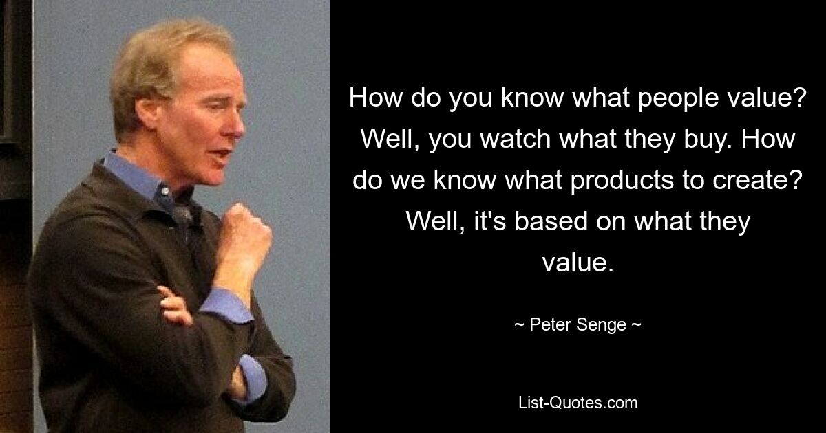 How do you know what people value? Well, you watch what they buy. How do we know what products to create? Well, it's based on what they value. — © Peter Senge