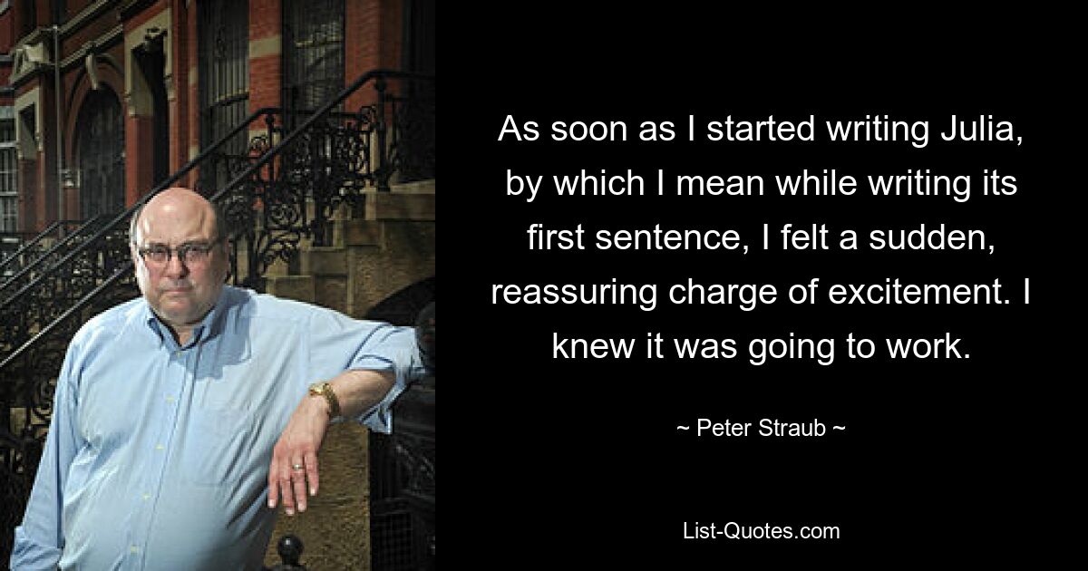 As soon as I started writing Julia, by which I mean while writing its first sentence, I felt a sudden, reassuring charge of excitement. I knew it was going to work. — © Peter Straub