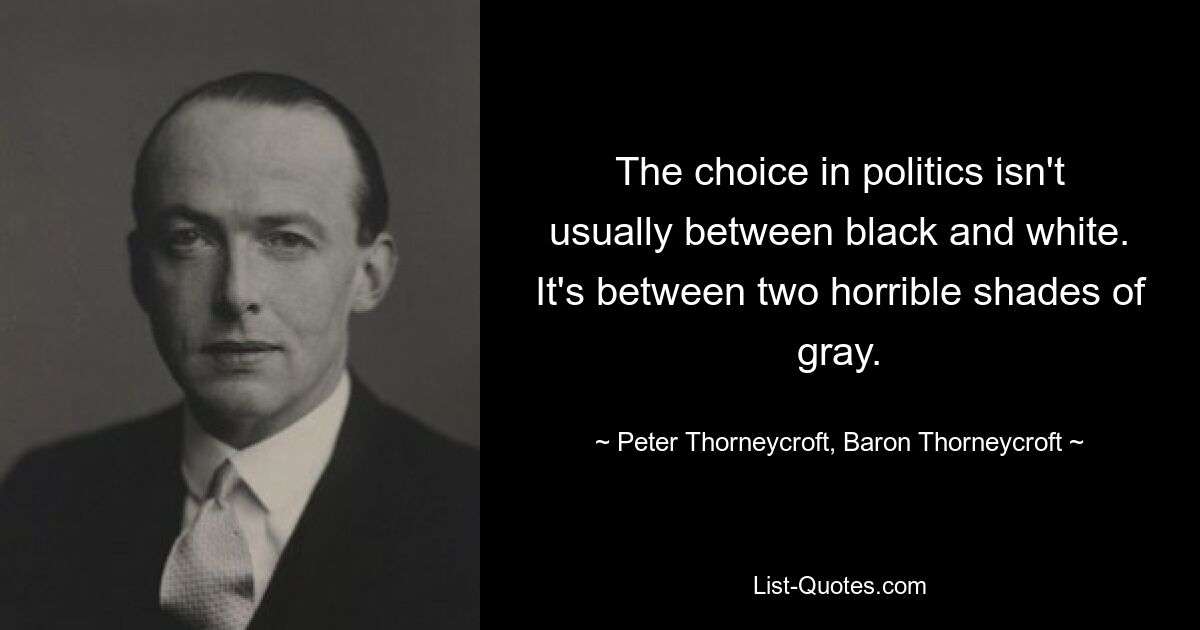 The choice in politics isn't usually between black and white. It's between two horrible shades of gray. — © Peter Thorneycroft, Baron Thorneycroft