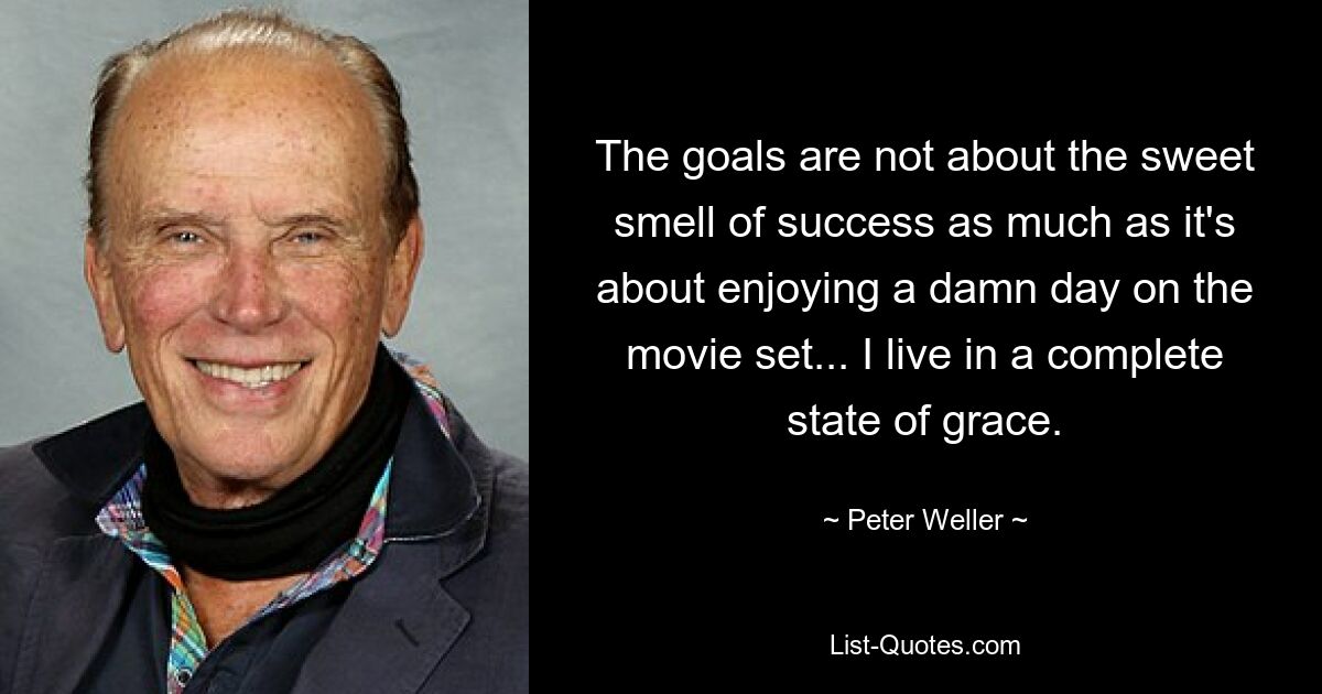 The goals are not about the sweet smell of success as much as it's about enjoying a damn day on the movie set... I live in a complete state of grace. — © Peter Weller