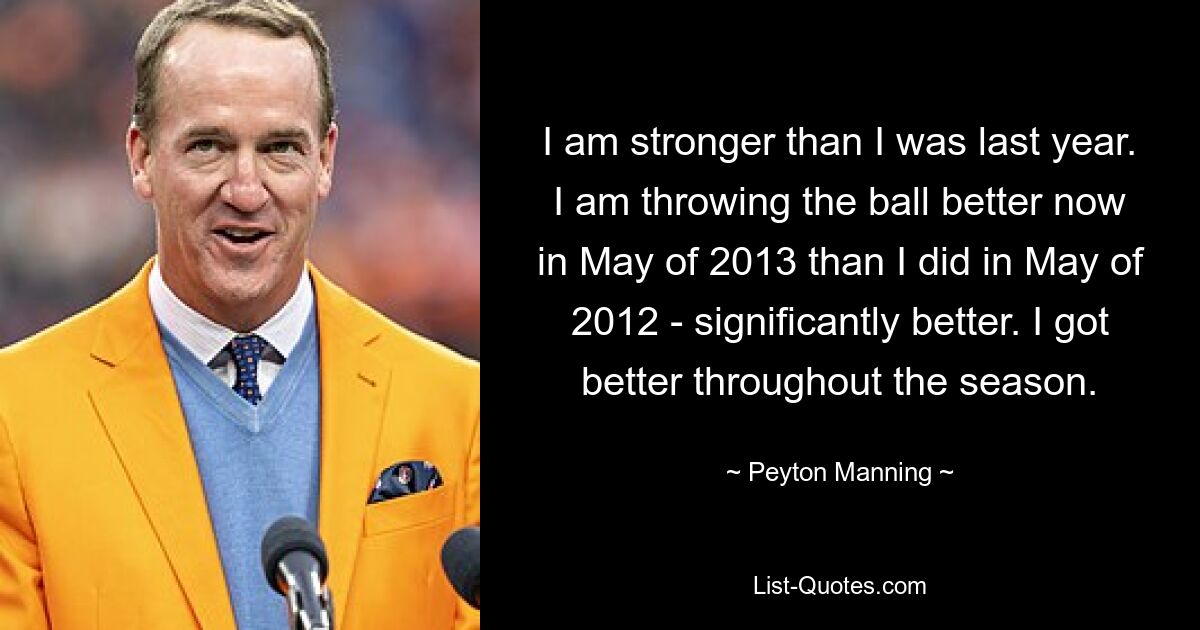 I am stronger than I was last year. I am throwing the ball better now in May of 2013 than I did in May of 2012 - significantly better. I got better throughout the season. — © Peyton Manning