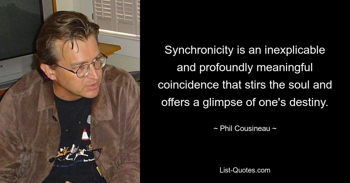 Synchronicity is an inexplicable and profoundly meaningful coincidence that stirs the soul and offers a glimpse of one's destiny. — © Phil Cousineau