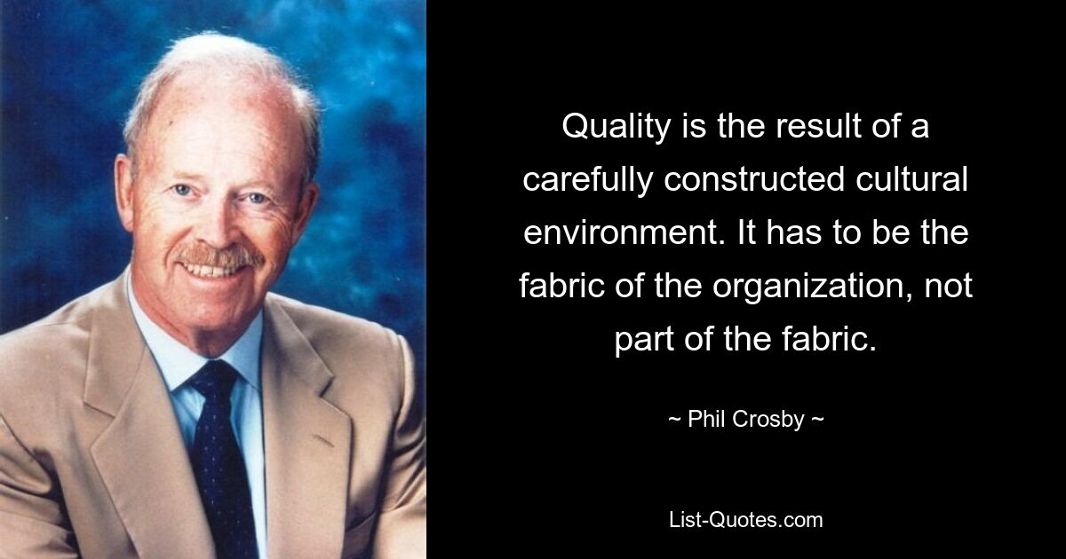 Quality is the result of a carefully constructed cultural environment. It has to be the fabric of the organization, not part of the fabric. — © Phil Crosby