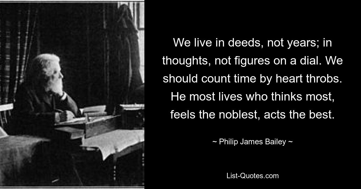 We live in deeds, not years; in thoughts, not figures on a dial. We should count time by heart throbs. He most lives who thinks most, feels the noblest, acts the best. — © Philip James Bailey