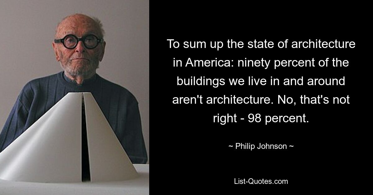 To sum up the state of architecture in America: ninety percent of the buildings we live in and around aren't architecture. No, that's not right - 98 percent. — © Philip Johnson