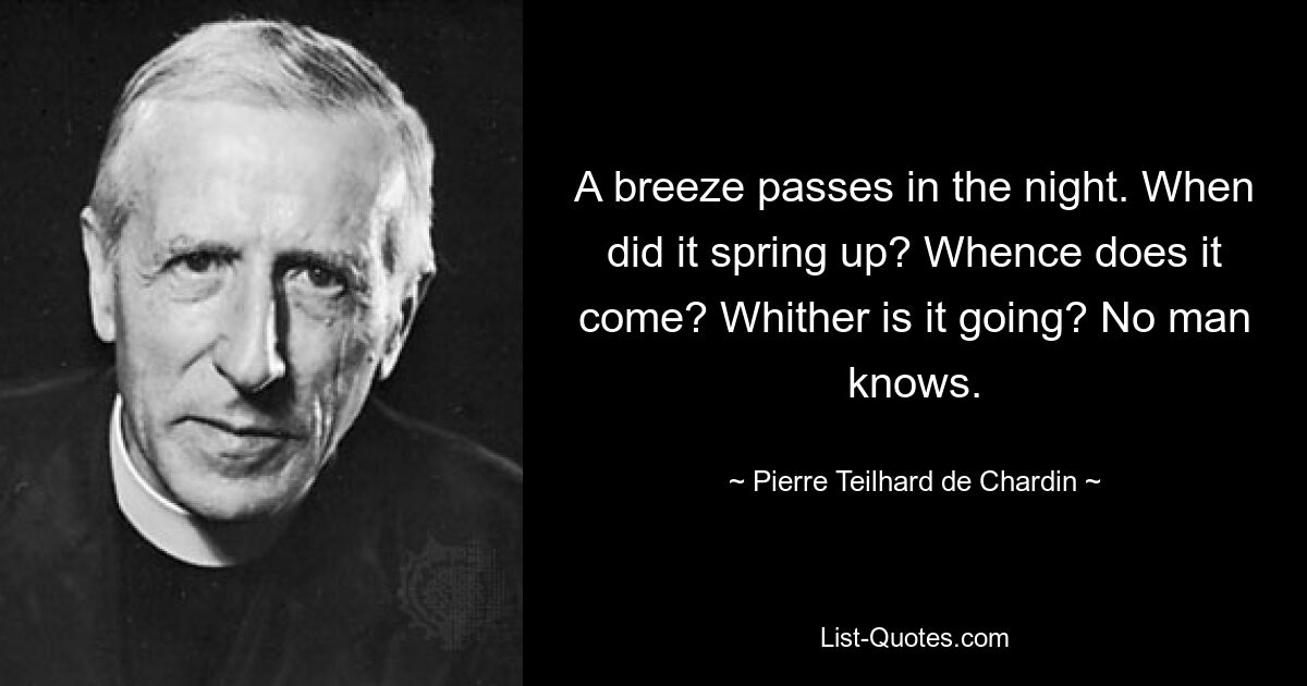 A breeze passes in the night. When did it spring up? Whence does it come? Whither is it going? No man knows. — © Pierre Teilhard de Chardin