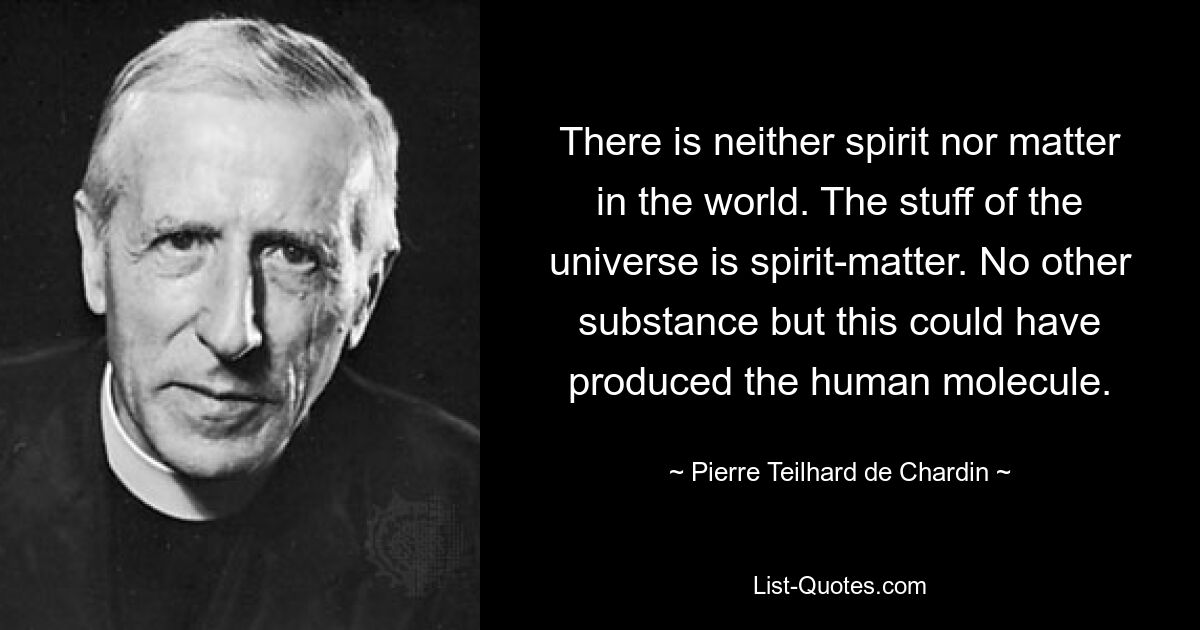 В мире нет ни духа, ни материи. Сущность вселенной – это дух-материя. Никакое другое вещество, кроме этого, не могло создать человеческую молекулу. — © Пьер Тейяр де Шарден